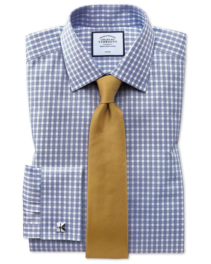  Classic Fit Non-iron Twill Gingham Blue Cotton Dress Shirt French Cuff Size 15/33 By Charles Tyrwhitt