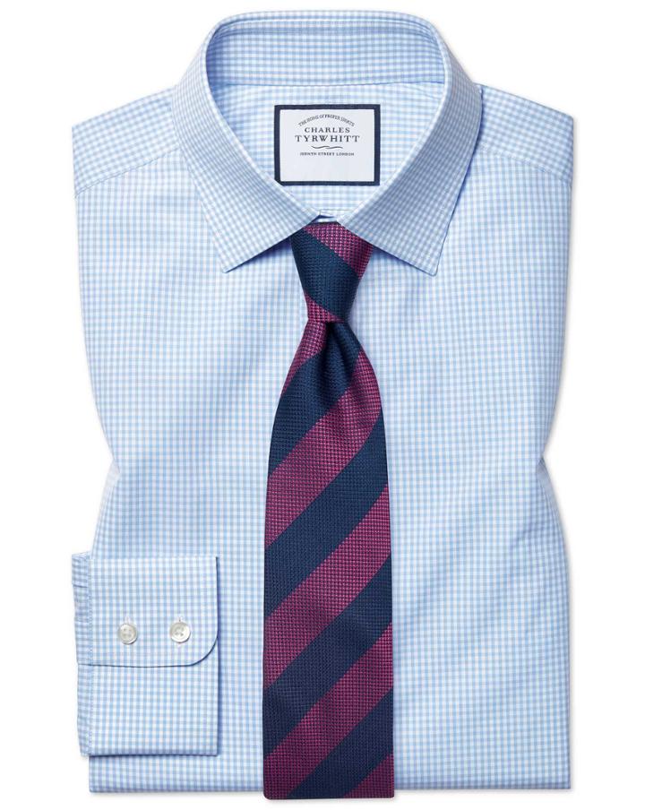  Classic Fit Sky Blue Small Gingham Cotton Dress Shirt French Cuff Size 15/33 By Charles Tyrwhitt
