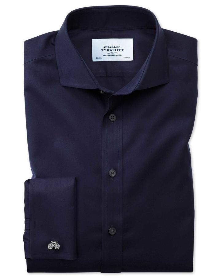 Charles Tyrwhitt Slim Fit Spread Collar Non-iron Twill Navy Blue Cotton Dress Casual Shirt French Cuff Size 14.5/33 By Charles Tyrwhitt