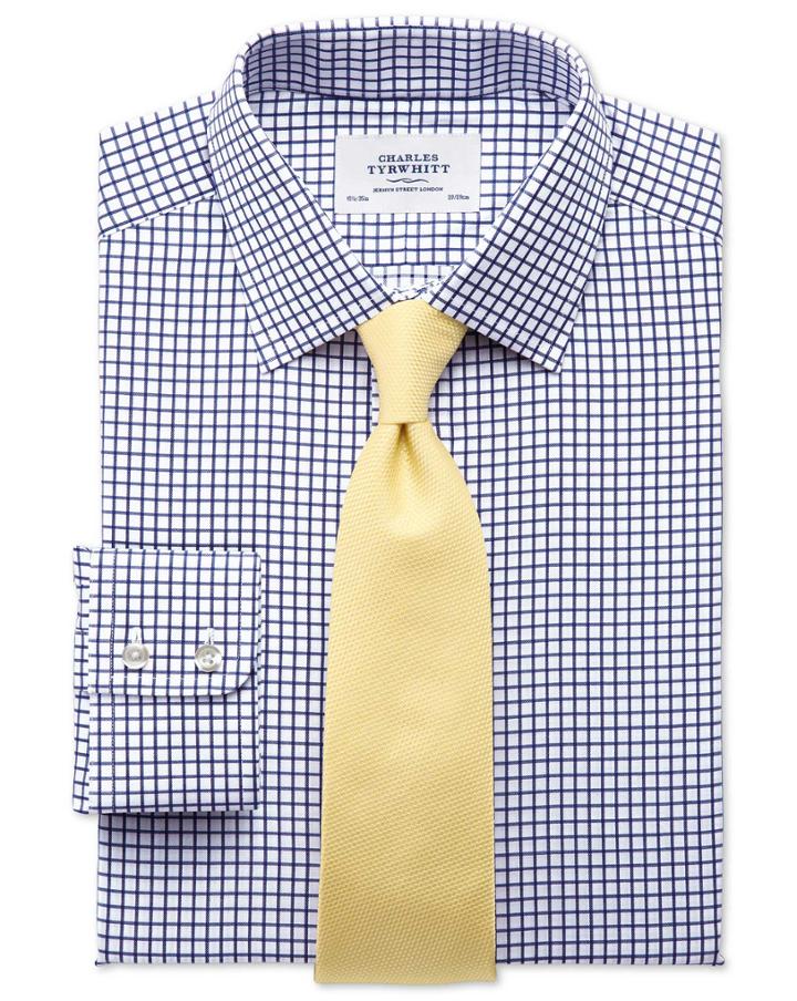  Slim Fit Twill Grid Check Navy Cotton Dress Shirt Single Cuff Size 15/34 By Charles Tyrwhitt