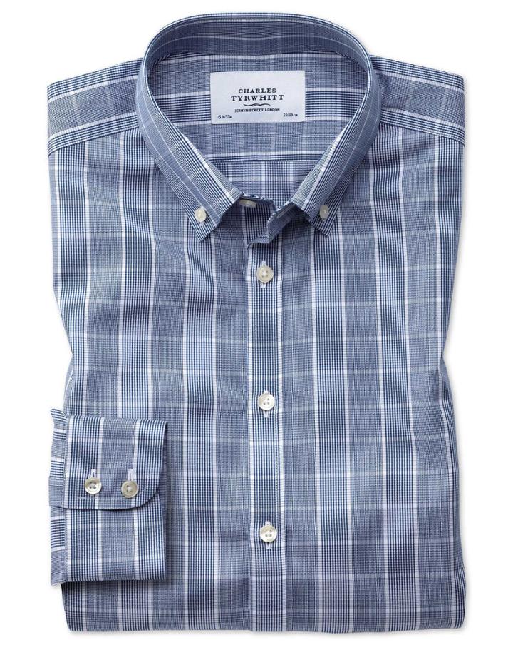 Charles Tyrwhitt Classic Fit Button-down Non-iron Prince Of Wales Navy Blue And White Cotton Dress Casual Shirt Single Cuff Size 15.5/33 By Charles Tyrwhitt
