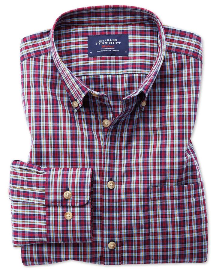 Charles Tyrwhitt Classic Fit Button-down Non-iron Poplin Blue And Red Check Cotton Casual Shirt Single Cuff Size Large By Charles Tyrwhitt