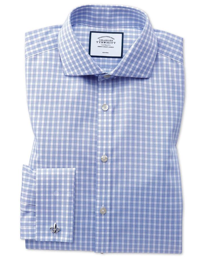 Slim Fit Non-iron Twill Gingham Sky Blue Cotton Dress Shirt French Cuff Size 14.5/33 By Charles Tyrwhitt