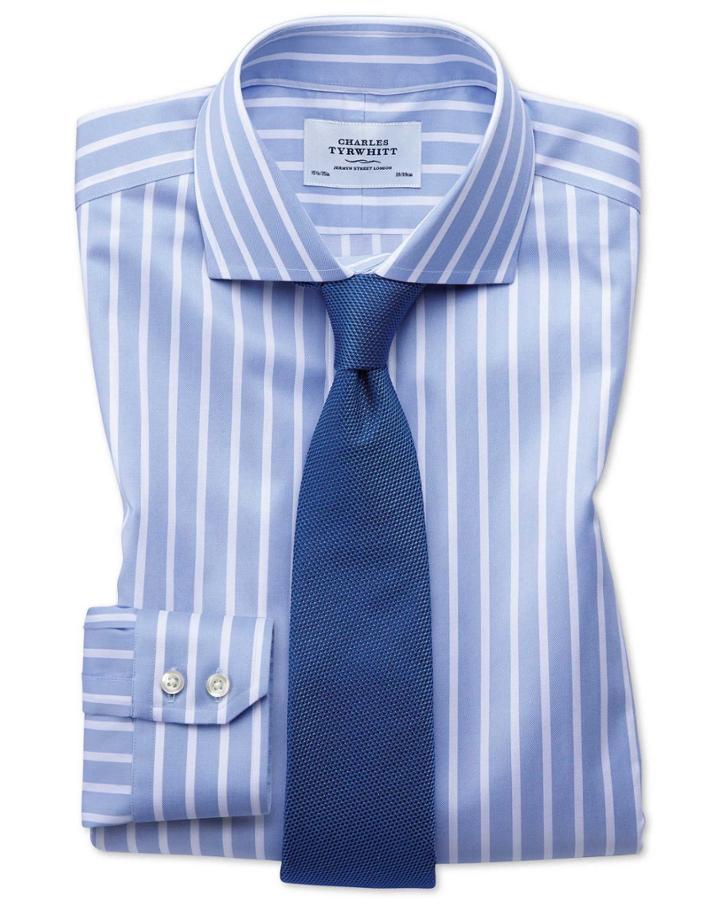 Charles Tyrwhitt Slim Fit Spread Collar Non-iron Bengal Wide Stripe Sky Blue And White Cotton Dress Casual Shirt French Cuff Size 14.5/33 By Charles Tyrwhitt