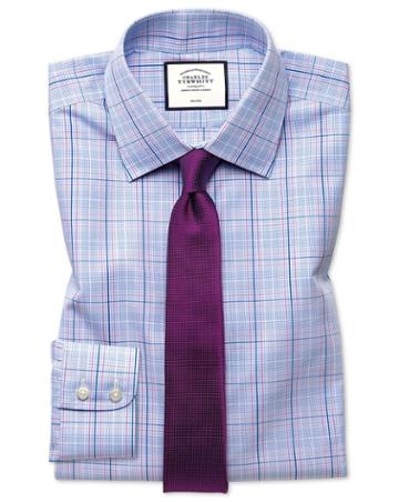  Extra Slim Fit Non-iron Prince Of Wales Sky Blue And Pink Cotton Dress Shirt French Cuff Size 15/34 By Charles Tyrwhitt