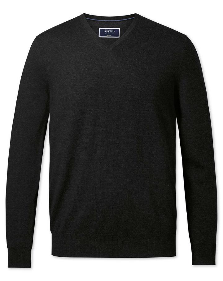  Dark Charcoal Merino V-neck Merino Wool Jumper Size Large By Charles Tyrwhitt