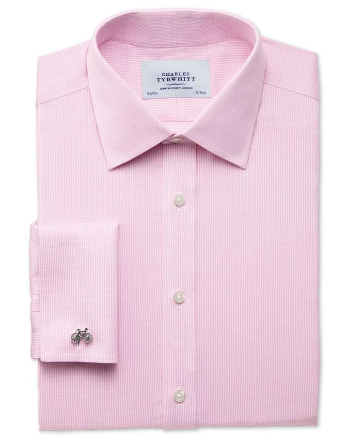 Charles Tyrwhitt Charles Tyrwhitt Extra Slim Fit Non Iron Puppytooth Light Pink Cotton Dress Shirt Size 14.5/32