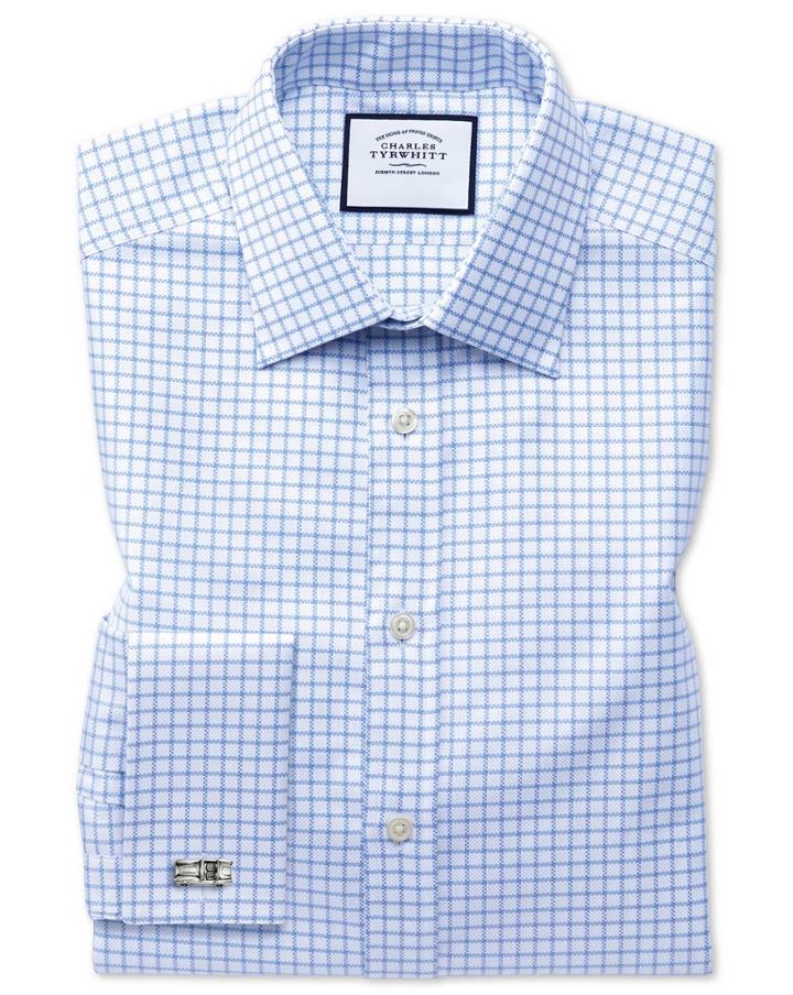  Classic Fit Egyptian Cotton Royal Oxford Sky Blue Check Dress Shirt French Cuff Size 15.5/33 By Charles Tyrwhitt