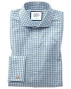  Extra Slim Fit Non-iron Twill Gingham Teal Cotton Dress Shirt Single Cuff Size 14.5/32 By Charles Tyrwhitt