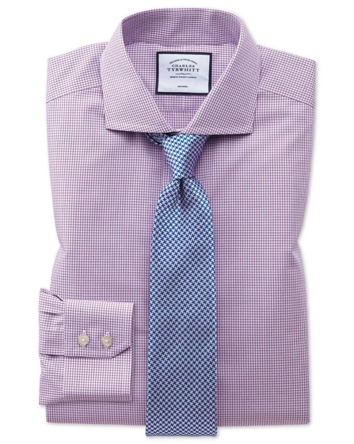  Extra Slim Fit Spread Collar Non-iron Pink Check Natural Cool Pink Check Cotton Dress Shirt Single Cuff Size 15.5/35 By Charles Tyrwhitt