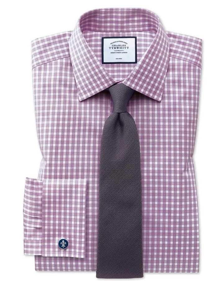  Classic Fit Non-iron Twill Gingham Berry Cotton Dress Shirt French Cuff Size 15/33 By Charles Tyrwhitt