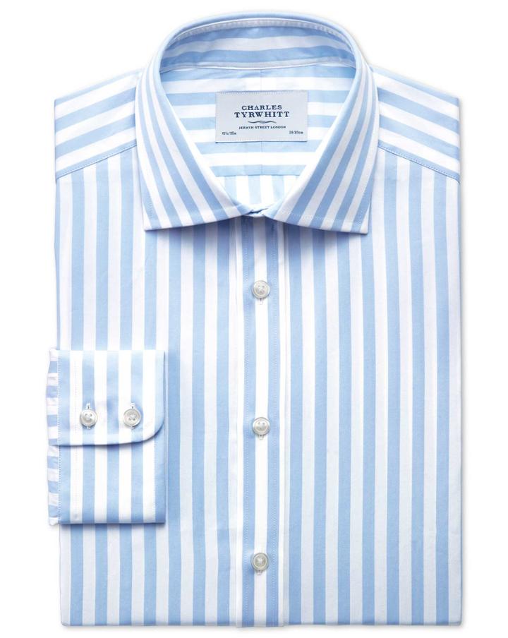  Slim Fit Semi-spread Collar Egyptian Cotton Stripe Sky Blue Dress Shirt Single Cuff Size 15/34 By Charles Tyrwhitt