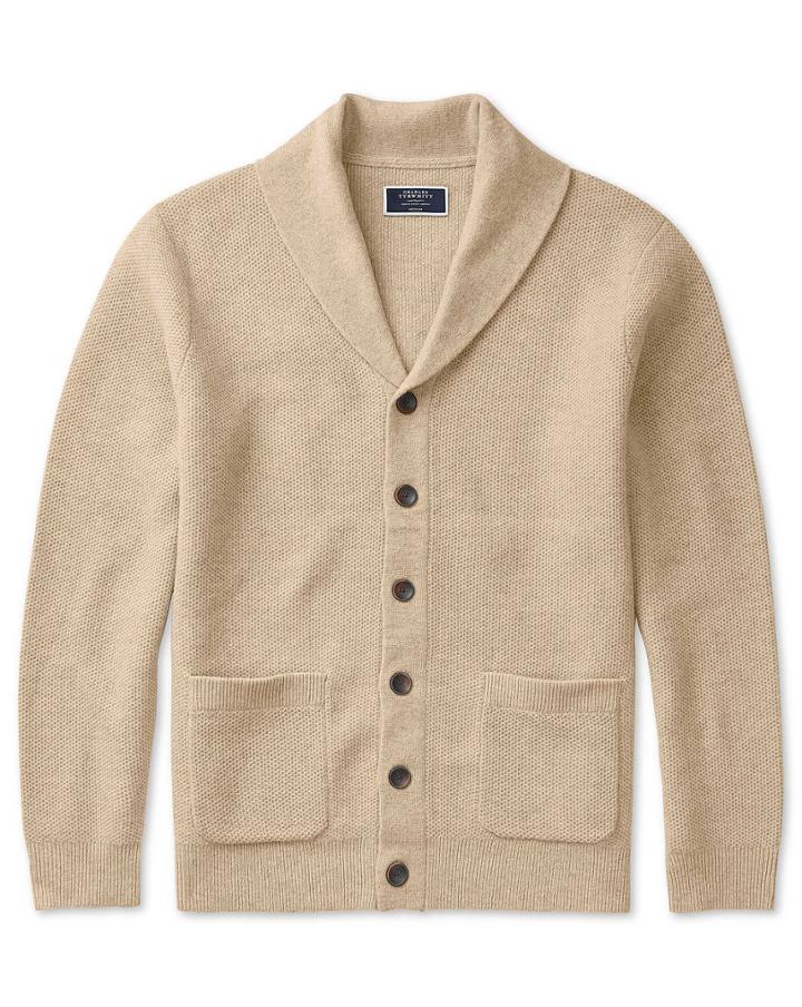  Mocha Textured Merino Shawl Neck Wool Cardigan Size Large By Charles Tyrwhitt