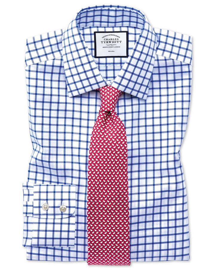 Classic Fit Non-iron Royal Blue Grid Check Twill Cotton Dress Shirt Single Cuff Size 15/33 By Charles Tyrwhitt