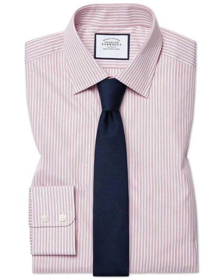  Extra Slim Fit Poplin Fine Stripe Pink Cotton Dress Shirt Single Cuff Size 14.5/32 By Charles Tyrwhitt