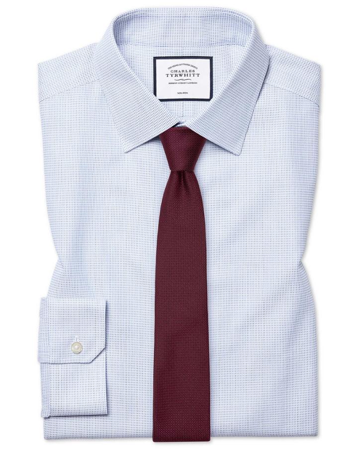  Super Slim Fit Non-iron Dash Weave Blue Cotton Dress Shirt French Cuff Size 14/33 By Charles Tyrwhitt