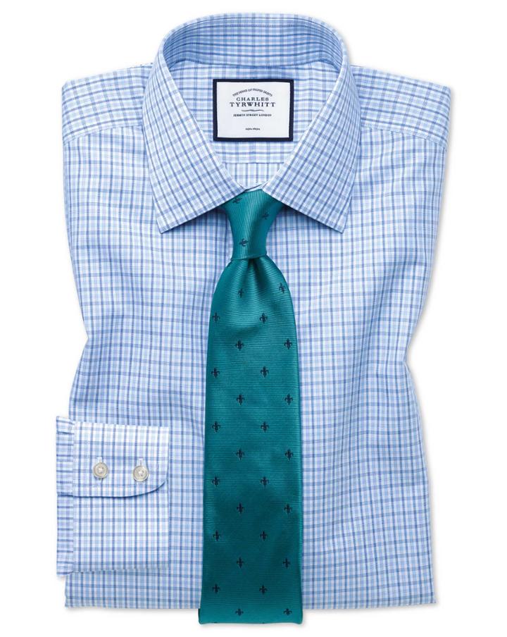  Slim Fit Non-iron Blue And Sky Blue Check Cotton Dress Shirt French Cuff Size 14.5/33 By Charles Tyrwhitt