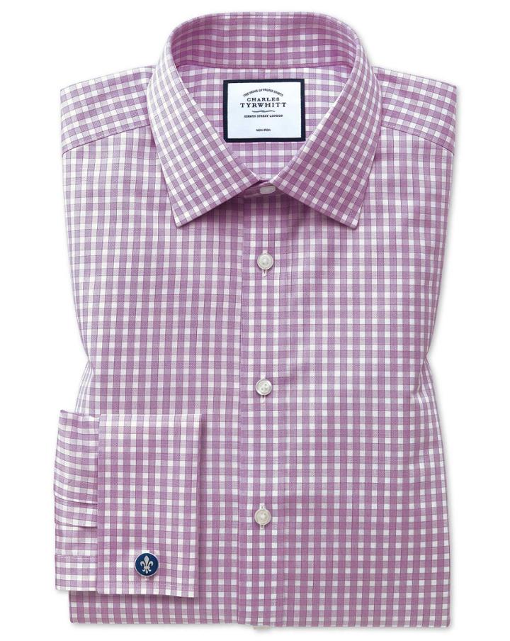  Classic Fit Non-iron Twill Gingham Berry Cotton Dress Shirt Single Cuff Size 15/33 By Charles Tyrwhitt