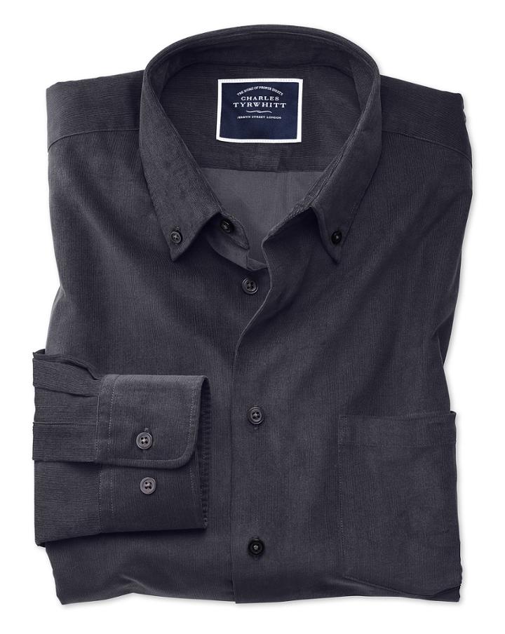  Extra Slim Fit Plain Charcoal Fine Corduroy Cotton Casual Shirt Single Cuff Size Large By Charles Tyrwhitt