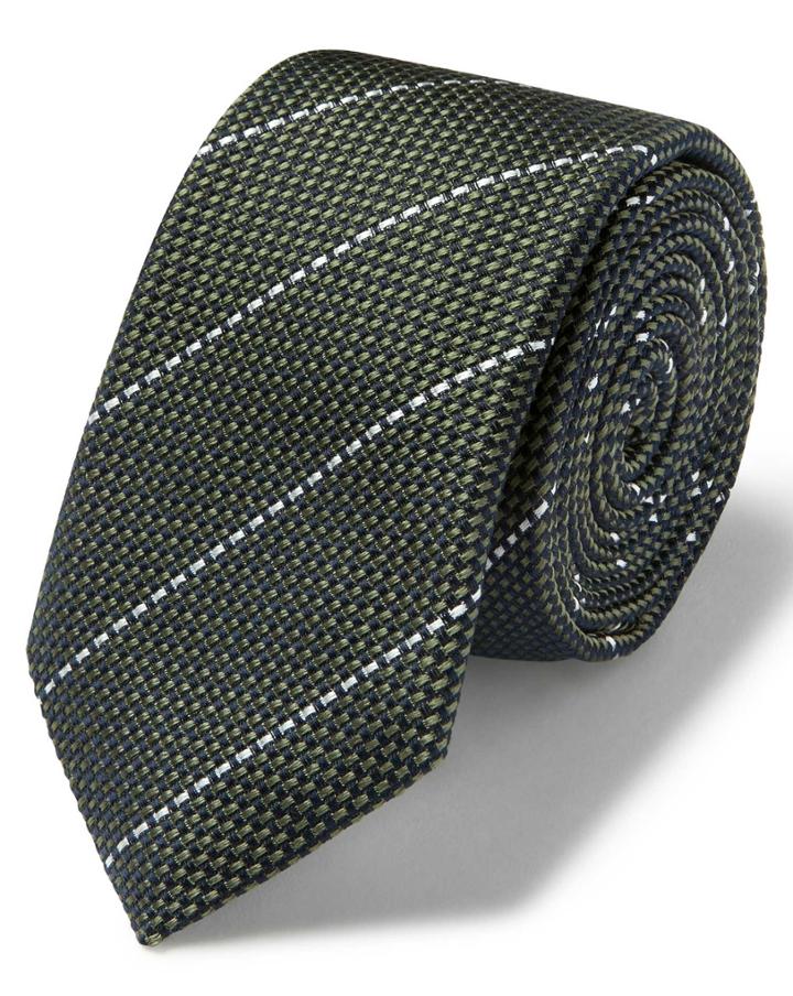  Olive And White Textured Stripe Slim Silk Tie By Charles Tyrwhitt