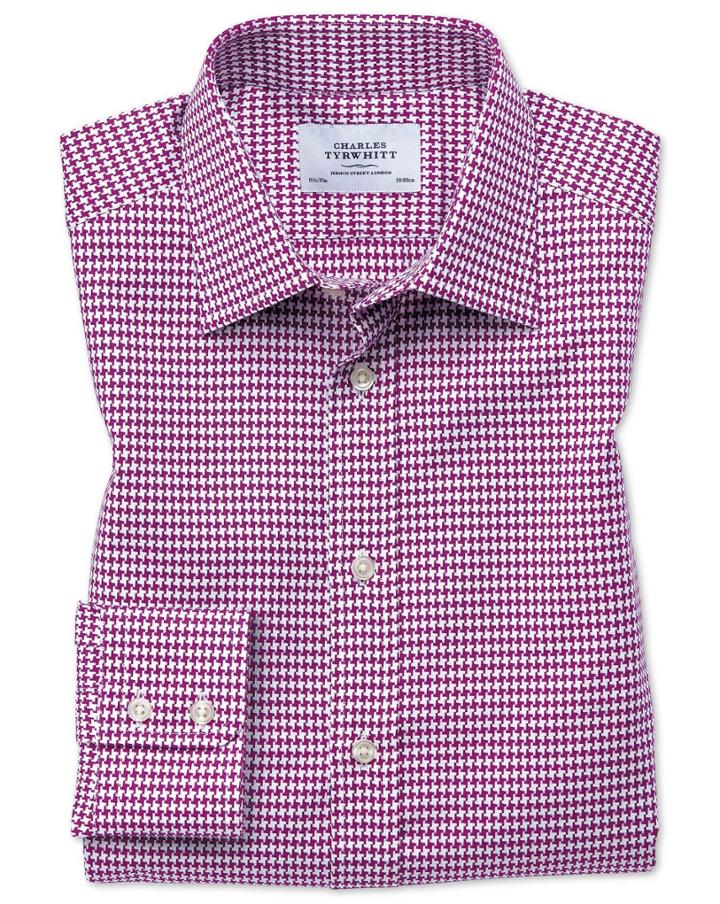 Charles Tyrwhitt Slim Fit Large Puppytooth Berry Cotton Dress Casual Shirt Single Cuff Size 14.5/33 By Charles Tyrwhitt