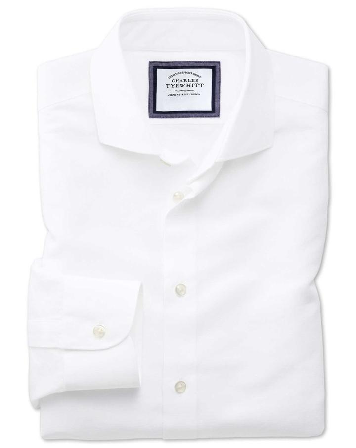  Slim Fit Spread Collar Business Casual Linen Cotton White Cotton Linen Mix Dress Shirt Single Cuff Size 15/34 By Charles Tyrwhitt