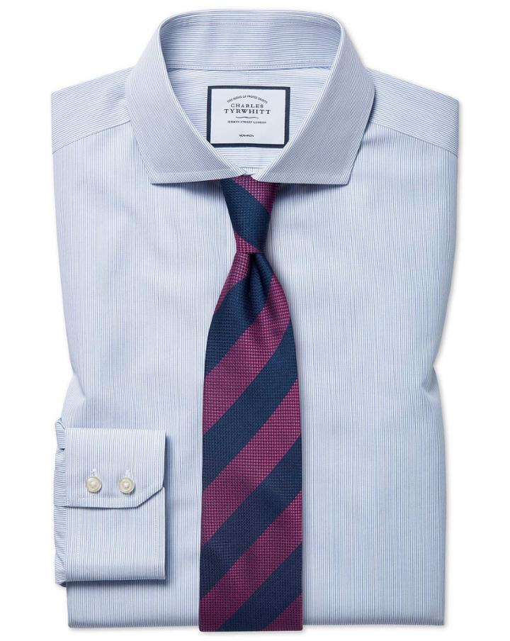  Classic Fit Non-iron Spread Collar Blue Stripe Tyrwhitt Cool Cotton Dress Shirt Single Cuff Size 15.5/33 By Charles Tyrwhitt