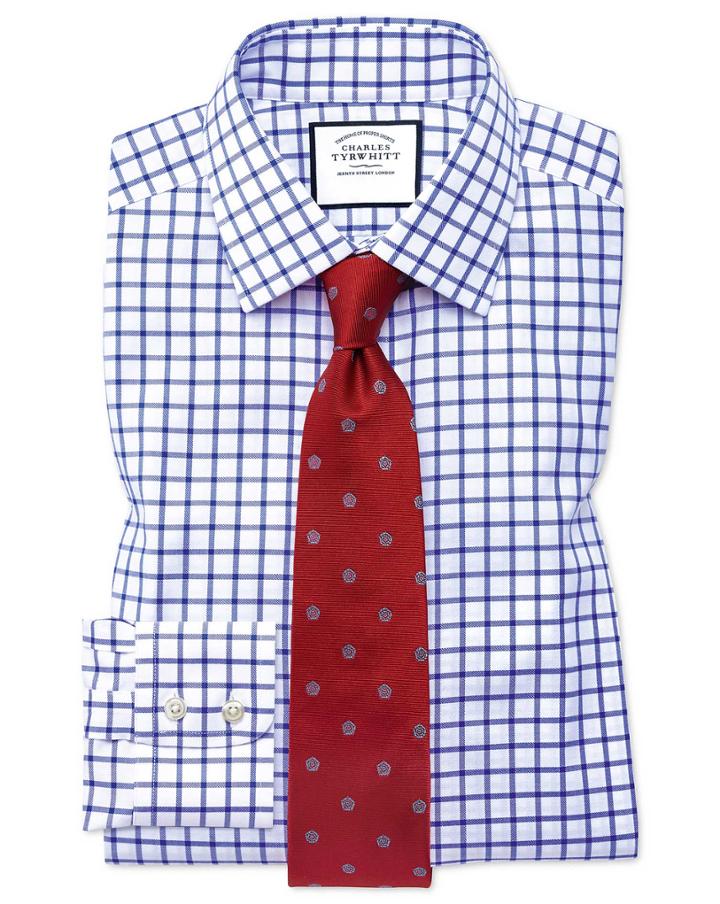 Charles Tyrwhitt Extra Slim Fit Non-iron Twill Grid Check Royal Blue Cotton Dress Shirt French Cuff Size 14.5/32 By Charles Tyrwhitt