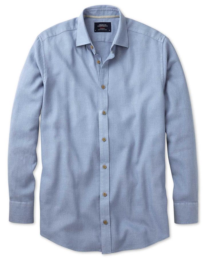 Charles Tyrwhitt Slim Fit Mouline Mid Blue Textured Cotton Casual Shirt Single Cuff Size Large By Charles Tyrwhitt