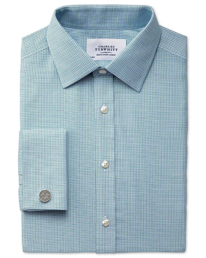 Charles Tyrwhitt Slim Fit Non-iron Textured Green Check Cotton Dress Shirt French Cuff Size 15/35 By Charles Tyrwhitt