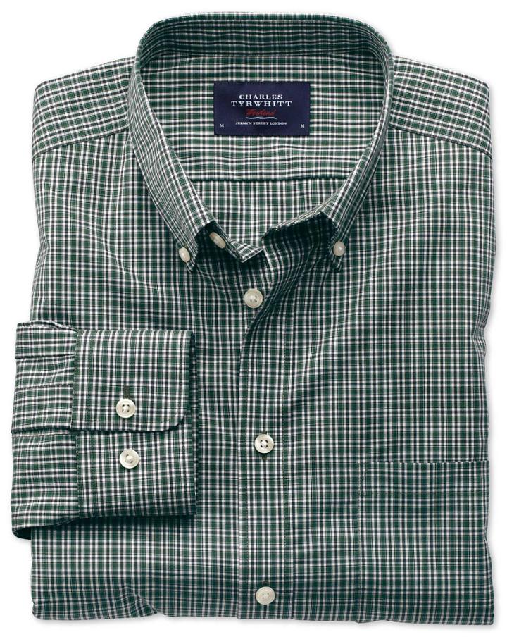 Charles Tyrwhitt Charles Tyrwhitt Extra Slim Fit Non-iron Poplin Green And Blue Check Cotton Dress Shirt Size Small