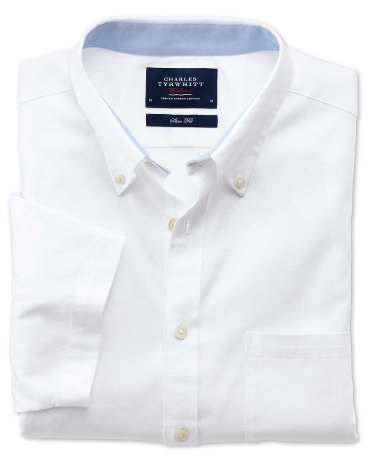Charles Tyrwhitt Charles Tyrwhitt Slim Fit White Short Sleeve Washed Oxford Cotton Dress Shirt Size Large