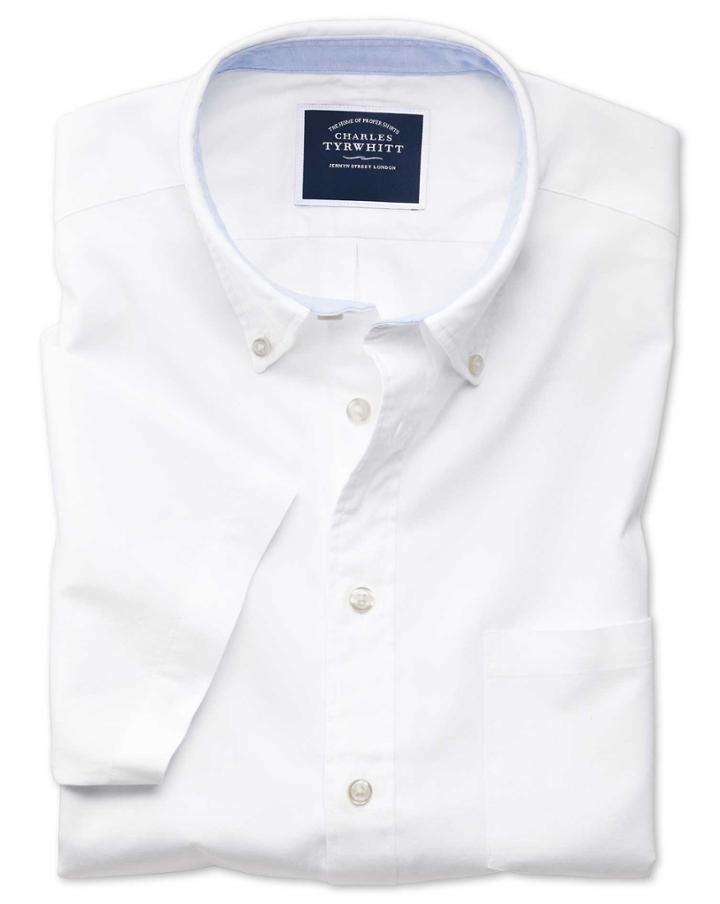 Charles Tyrwhitt Classic Fit Button-down Washed Oxford Short Sleeve White Cotton Casual Shirt Single Cuff Size Large By Charles Tyrwhitt