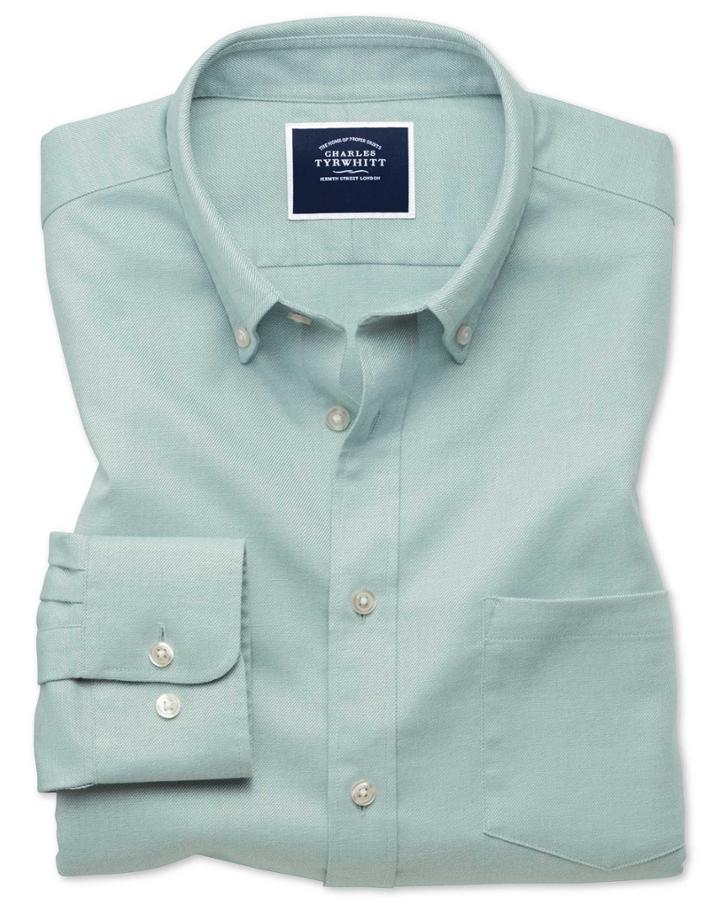  Slim Fit Light Green Plain Soft Washed Non-iron Twill Cotton Casual Shirt Single Cuff Size Large By Charles Tyrwhitt