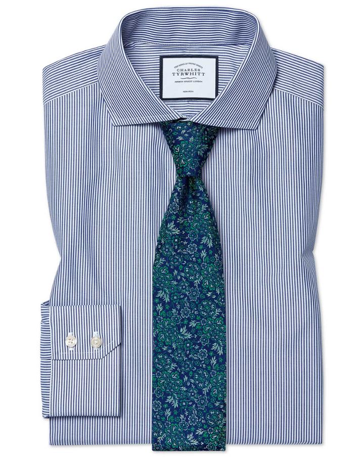  Slim Fit Non-iron Cutaway Navy Bengal Stripe Cotton Dress Shirt Single Cuff Size 14.5/33 By Charles Tyrwhitt