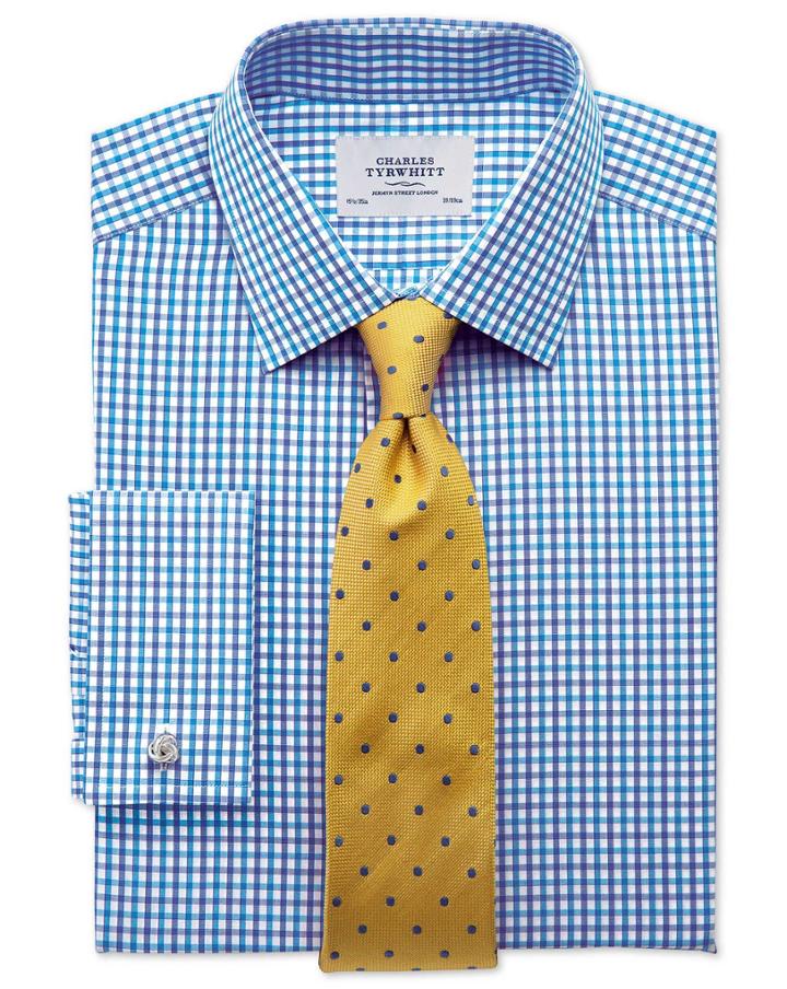 Charles Tyrwhitt Charles Tyrwhitt Slim Fit Two Colour Check Blue Cotton Dress Shirt Size 14.5/32