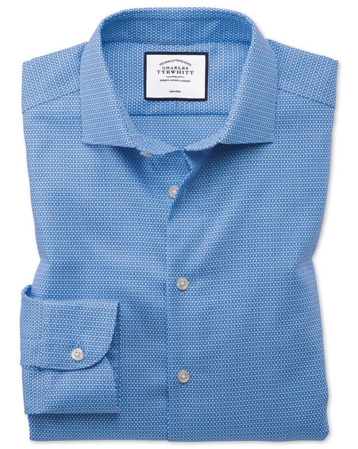  Slim Fit Business Casual Non-iron Modern Textures Sky Blue Cotton Dress Shirt Single Cuff Size 16/35 By Charles Tyrwhitt