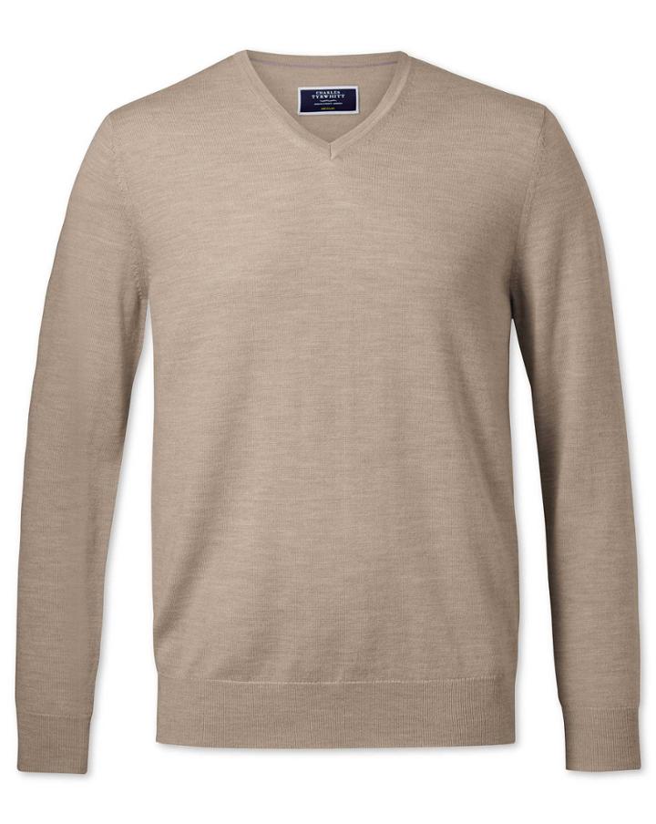  Stone Merino V-neck Merino Wool Jumper Size Large By Charles Tyrwhitt