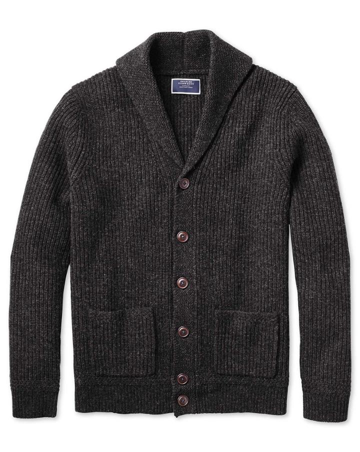  Charcoal Shawl Collar Lambswool Cardigan Size Medium By Charles Tyrwhitt