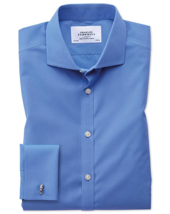 Charles Tyrwhitt Extra Slim Fit Spread Collar Non-iron Poplin Blue Cotton Dress Shirt French Cuff Size 14.5/32 By Charles Tyrwhitt