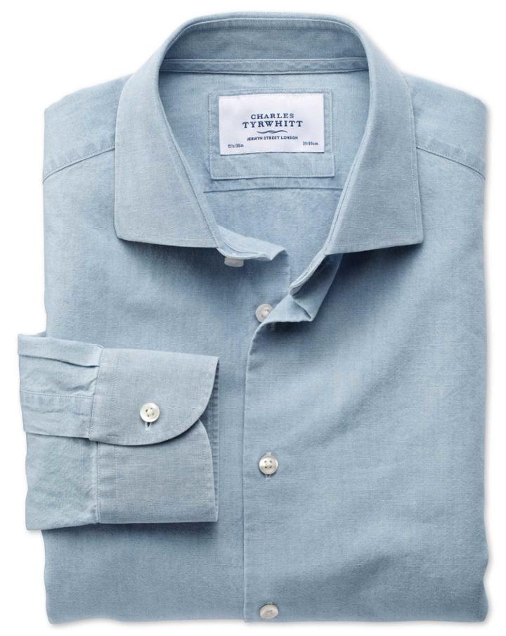 Charles Tyrwhitt Charles Tyrwhitt Classic Fit Semi-spread Collar Business Casual Chambray Denim Blue Cotton Dress Shirt Size 15/33