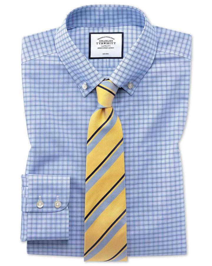  Classic Fit Non-iron Button-down Sky Blue Check Cotton Dress Shirt Single Cuff Size 15/34 By Charles Tyrwhitt