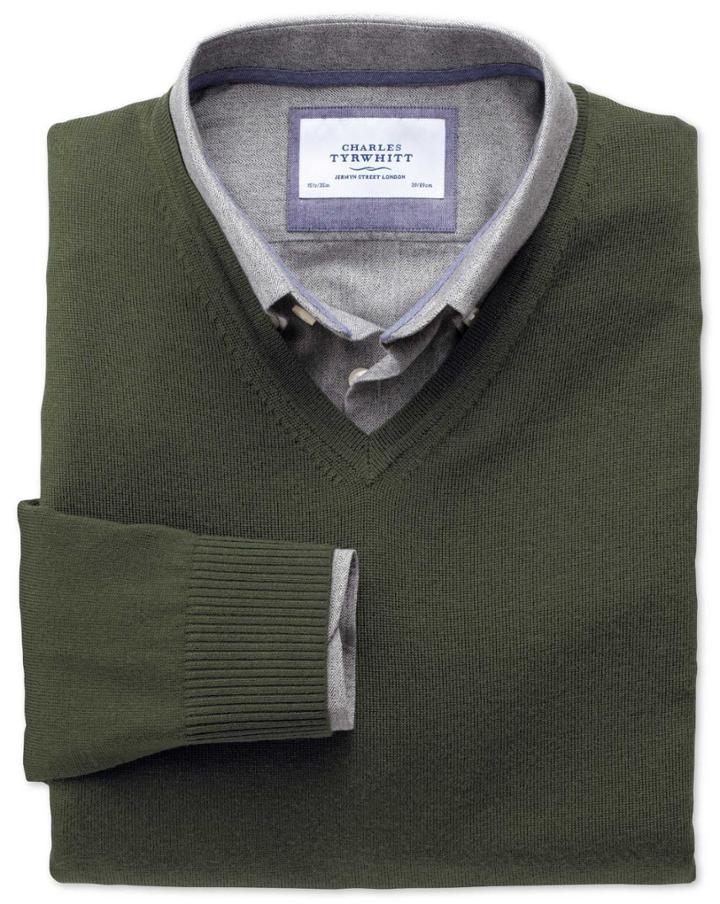 Charles Tyrwhitt Charles Tyrwhitt Dark Green Merino V-neck Wool Sweater Size Large