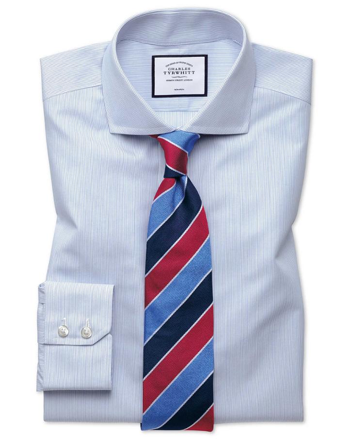  Classic Fit Non-iron Blue Stripe Tyrwhitt Cool Cotton Dress Shirt Single Cuff Size 15/33 By Charles Tyrwhitt