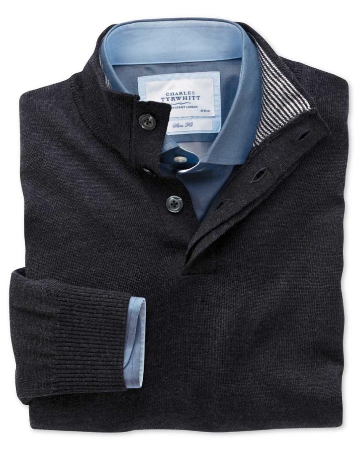 Charles Tyrwhitt Charles Tyrwhitt Charcoal Button Neck Merino Wool Sweater Size Large