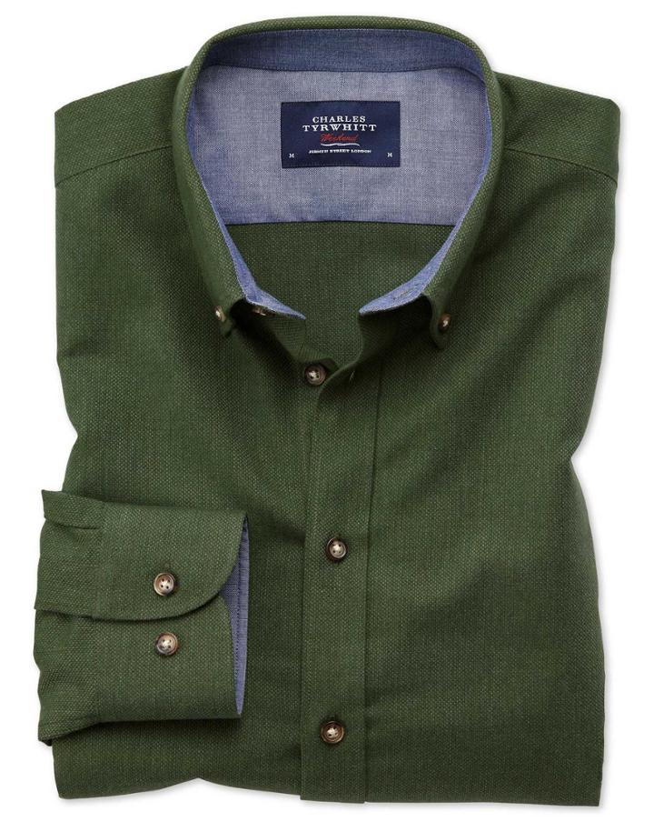 Charles Tyrwhitt Classic Fit Button-down Soft Cotton Plain Forest Green Casual Shirt Single Cuff Size Large By Charles Tyrwhitt
