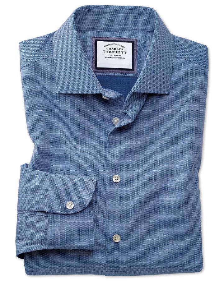 Charles Tyrwhitt Extra Slim Fit Semi-spread Collar Business Casual Non-iron Royal Blue Honeycomb Cotton Dress Shirt Single Cuff Size 14.5/32 By Charles Tyrwhitt