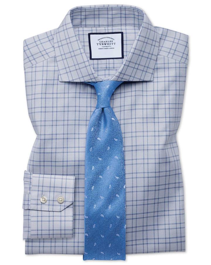  Slim Fit Textured Check Grey Cotton Dress Shirt French Cuff Size 14.5/33 By Charles Tyrwhitt