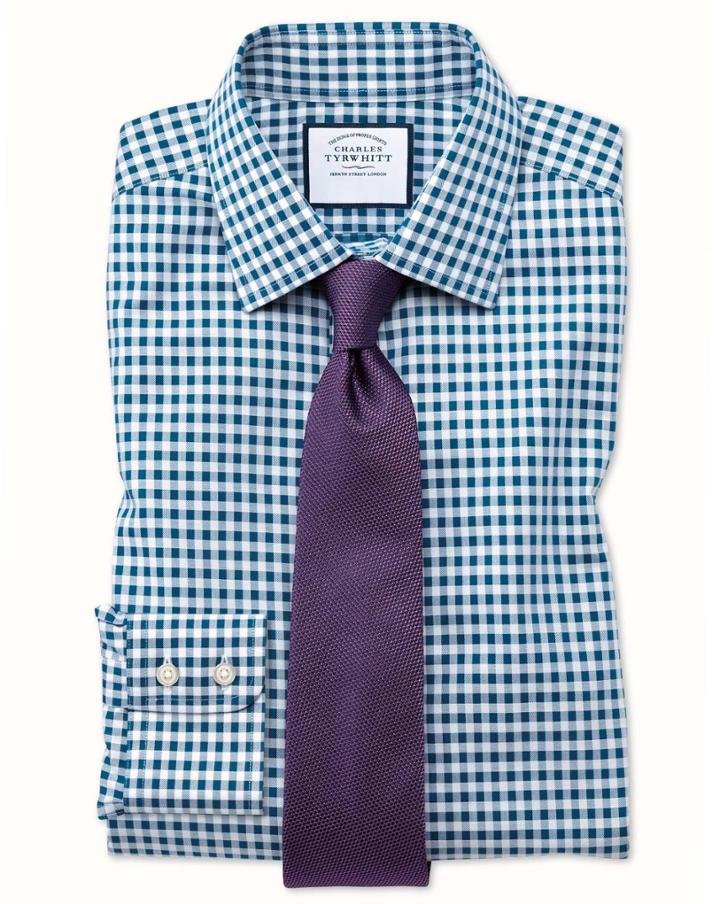 Charles Tyrwhitt Extra Slim Fit Non-iron Gingham Teal Cotton Dress Shirt Single Cuff Size 14.5/33 By Charles Tyrwhitt