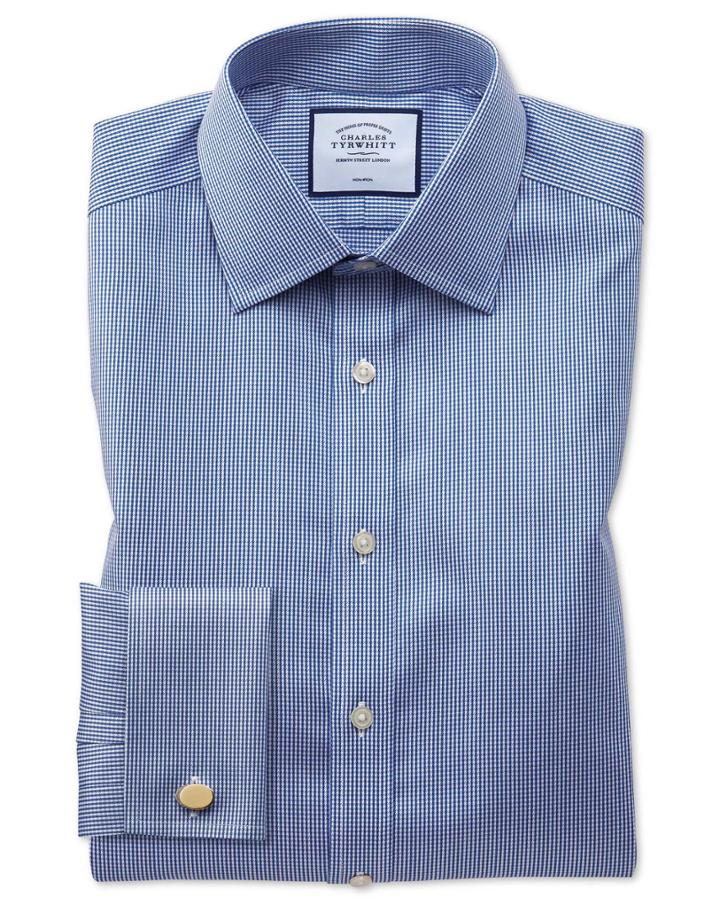  Classic Fit Non-iron Puppytooth Royal Blue Cotton Dress Shirt French Cuff Size 15/33 By Charles Tyrwhitt